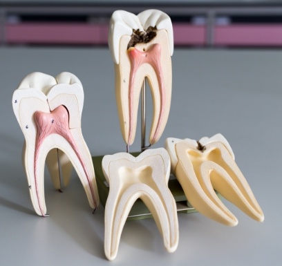 Model of healthy tooth and tooth in need of root canal treatment